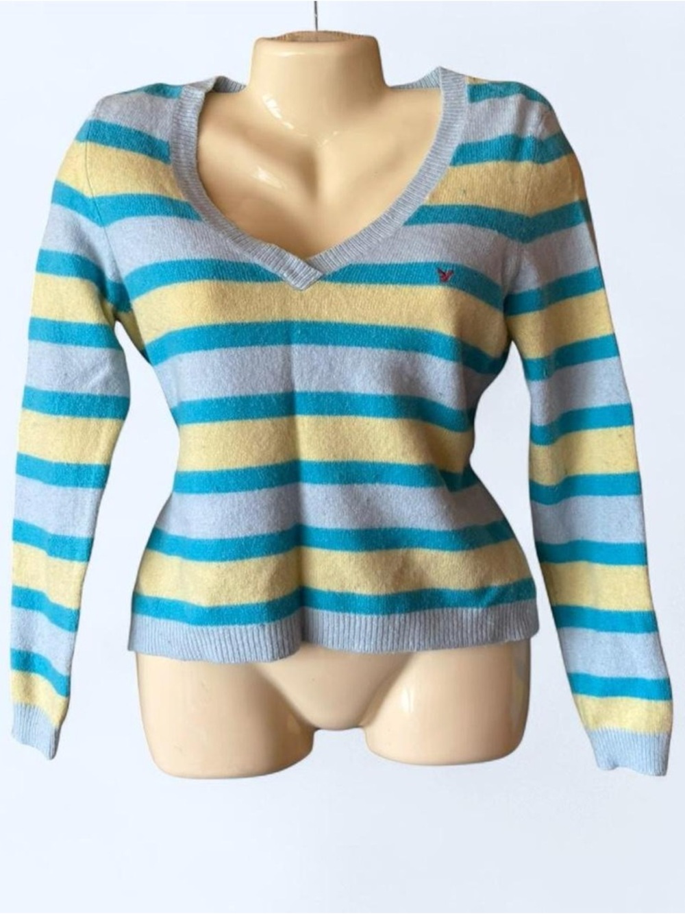American Eagle Outfitters Striped V-Neck Sweater in Light Blue, Yellow & Teal